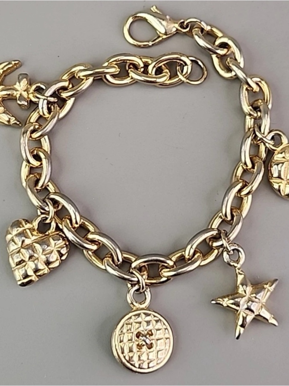Estate Vintage Gold Charm Bracelet with Heart, Star & Coin Charms